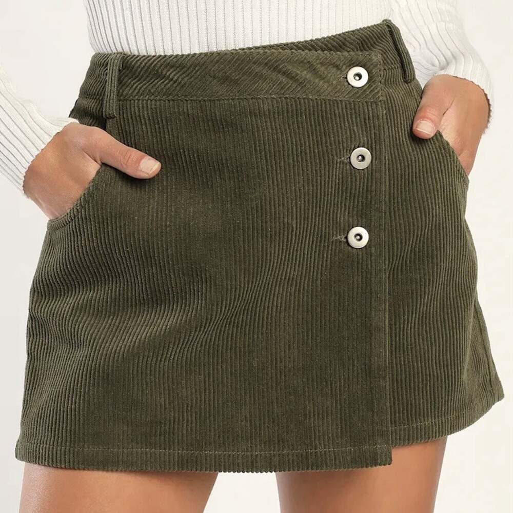 ZARA Womens Medium Green Corduroy Skort Fall Buttons